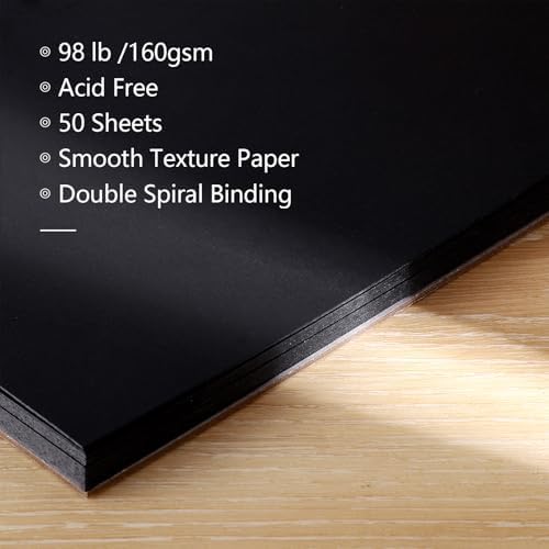 160gsm Black Paper Sketchbook 5.5x8.5in, 50 Acid-Free Black Paper Notebook