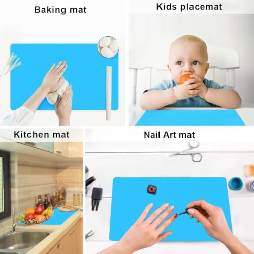 Silicone Craft Mat for Kids, 15.7" x 11.8" Placemats for Kids, Silicone Sheet for Crafts, Kitchen Non-Stick Heat Resistant Countertop Mat, Portable Multipurpose Mat, Blue