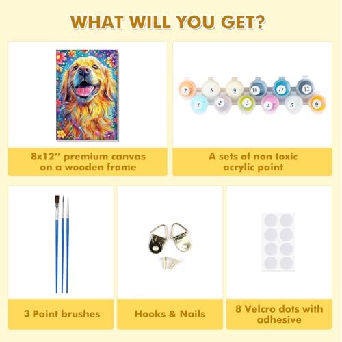 Bowetile Framed Paint by Numbers Dog for Adults Beginners, Adults' Paint-by-Number Dog Kits, Easy Adult Paint by Number Kits on Canvas, Acrylic Animals Number Painting for Home Decor, 8x12in