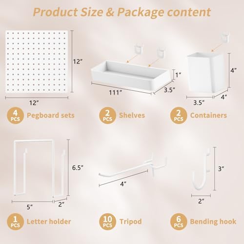 FZK Modular Plastic Pegboard Wall Organizer Kit, White， 12x12, 4 Panels