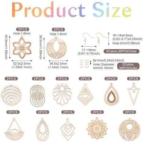 Elecrelive 26Pcs Kite Rhombus Wooden Charms Flower Wood Filigree Charms