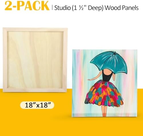 Falling in Art 2 Pack 18x18 Gallery Unfinished Wooden Canvas Panels | Birch Wood Panels Kit, 1 1/2" Deep Art Cradle Boards for Acrylic Painting, Pouring and Burning