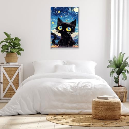 Bowetile Starry Night Cat Paint by Numbers for Adults Beginners Framed, Easy Adults' Paint-by-Number Kits, Adult Paint by Number Kits on Canvas, Acrylic Number Painting for Home Decor, 8x12in