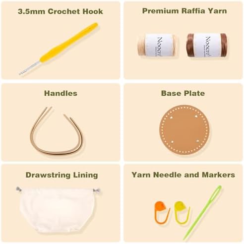 Noocro Crochet Kit for Intermediate or Advanced Level, Floral Raffia Bucket Bag, Purse, Step by Step Video Tutorial, Detailed Instruction Complete Kit Craft Supplies Holiday Gift (Mocha Blossom)