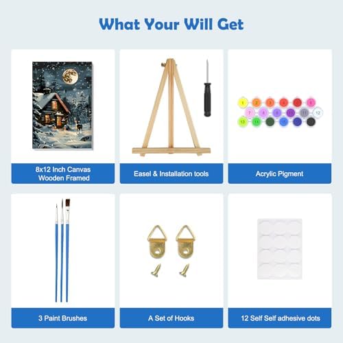 MOGTAA Christmas Winter Paint by Numbers Kit for Adults Beginners with Frame, Christmas Deer Adult Paint by Number Kits on Canvas with Easel, Easy DIY Oil Painting Kits for Home Decor, 8x12in