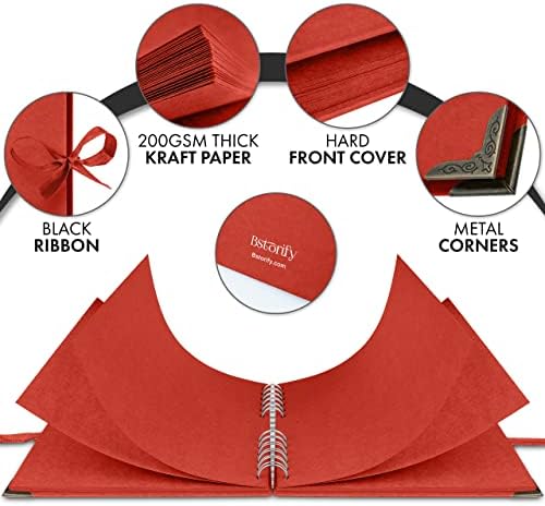 Bstorify Square Scrapbook Photo Albums 8 x 8 Inch Red Thick Paper, Hardcover, Metal Corners, Ribbon Closure - Ideal for Your Scrapbooking Albums, Art & Craft Projects | Hardcover with Thick 200 GSM Kraft Paper, Ideal for Your Scrapbooking Albums, Art &...