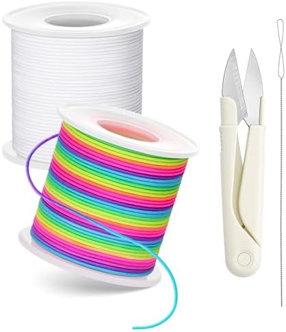 Stretchy Bracelet String Kit with Scissors & Beading Needle, 2 Rolls Elastic String for DIY Crafts, 1mm Stretchy Cord for Jewelry Making Sewing Necklace Beading, 330FT, (White, Rainbow)