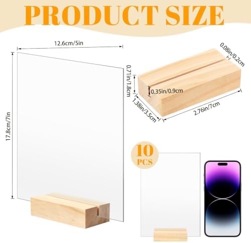 Bercoor 10 Pack 5x7 Inch Blank Clear Acrylic Sign with Wooden Stands, Rectangle Top Acrylic Sheet, DIY Acrylic Rectangle Table Numbers for DIY Name Card Gifts Event Party Sign Decoration