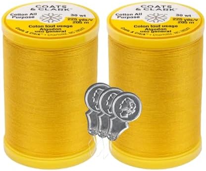 Coats & Clark Cotton All Purpose Sewing Thread 100% Mercerized Cotton 225 Yards Each Spool S970 2 Pack Bundle with 3 Bella's Crafts Needle Threaders (Spark Gold)