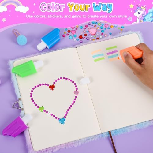 Cherry Tale DIY Journal Kit for Girls, 300+ PCS Scrapbook Kit for Girls Ages 6-14, Fluffy Unicorn Lockable Diary with Keys, Stickers and Markers, 6 7 8 9 10 11 12 13 14 Year Old Girl Birthday Gift