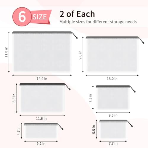 Umriox 12 Pack Mesh Zipper Bags, 6 Sizes Black Storage Organizer for Office