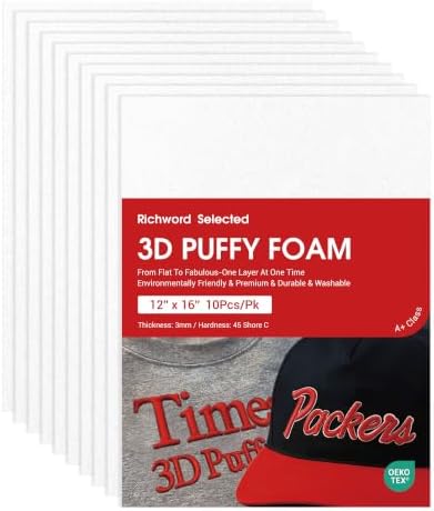 Poolin 3D Puff Embroidery Foam 3mm, 12x16 Inch, 10 Sheets, White