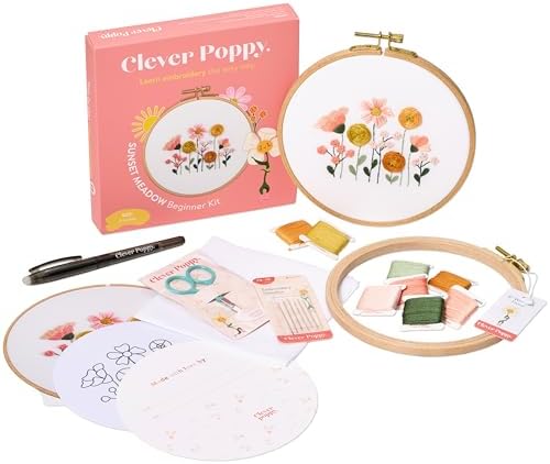 Clever Poppy Sunset Meadow Beginner Embroidery Kit – Easy Embroidery Kit for Beginners with Hoop, Thread & Patterns – Hand Embroidery Kit for Adults and Teens – Complete Embroidery Starter Kit