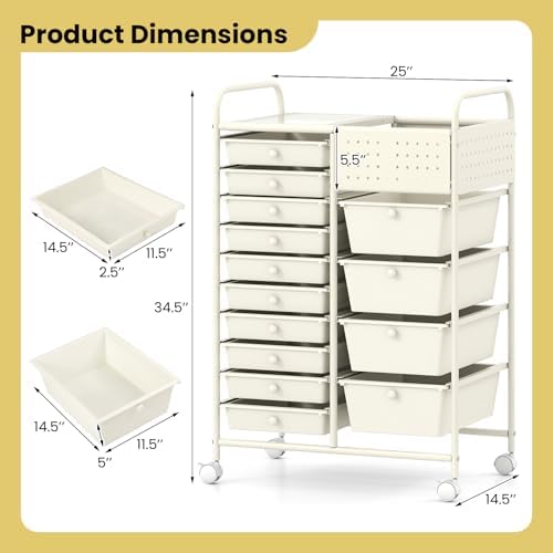 GOFLAME 14-Drawer Rolling Storage Cart with Pegboard, Craft Storage Cart with Lockable Wheels and Metal Frame, Multifunctional Art Cart Supply Storage Organizer for Home Office Classroom, White