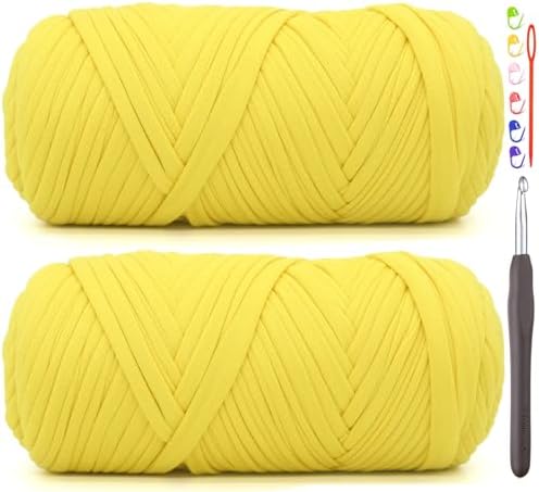 2 Pack Tshirt Yarn for Crocheting,T Shirt Chunky Elastic Fabric Thick T-Shirt Crochet Yarn for Beginners Crocheting Hand Knitting Bag/Basket/Coasters/DIY Crafts/Home Decor 2 * 200G(Chicken Yellow