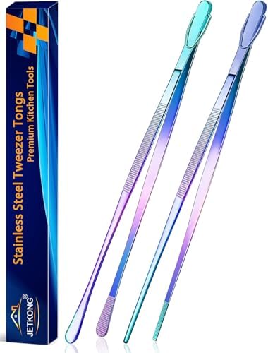 JETKONG 2 Pcs 14-Inch Culinary Tweezers Extra Long Food Tweezers Kitchen Tweezer Tongs for Cooking Grilling and BBQ (Rainbow)