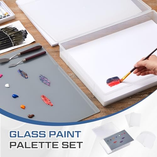 Nuanchu 1 Pcs 12 x 16 Inch Glass Palette for Oil Painting, Neutral Grey | Airtight Keep Wet Palette Container, 40 Sheets Disposable Paper, Keeps Paint Fresh, for DIY Color Mixing Beginners