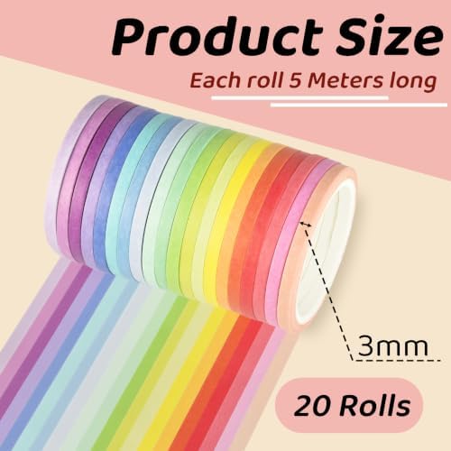 Colorful Washi Tape Set, 20 Rolls Decorative Washi Tape for Scrapbooking Planner Bullet Journal Crafts DIY Art Supplies Gift Wrapping (3mm*5M)