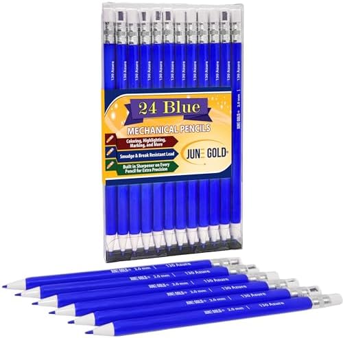 June Gold 24 Blue 2.0 mm Mechanical Pencils/w Blue Leads & Rear Sharpener