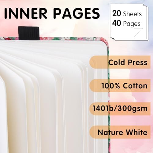 Watercolor Art Sketchbook,5 x 5 inches Portable Hardcover Journal Sketchbook,30 Sheets 140lb/300gsm Acid-Free Drawing Paper,Travel Mixed Media Notebook for Beginners Artists,Pink Peony