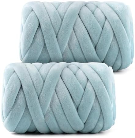 Chunky Yarn for Hand Knitting- Velvet Chenille Tube Yarns- Jumbo Yarns for Blankets, Pet Beds, Machine Washable (0.66 Lb/18.59 Yd), Easy No-Tool Arm Knitting & Crochet Project (2, Gray-Blue)