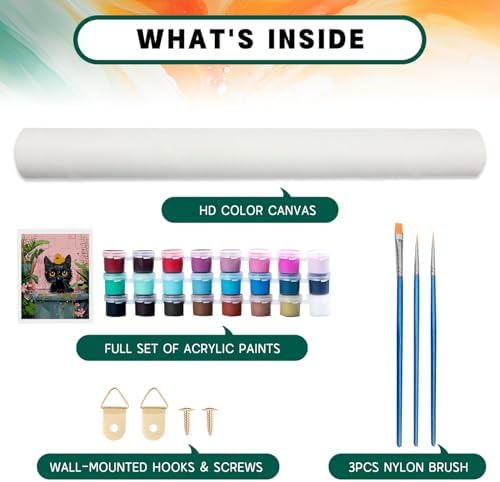 Paint by Numbers Kit for Adults Beginner, Black Cat Adult Paint by Number Kits on Canvas, DIY Easy Acrylic Watercolor Oil Paint by Number for Adults Teens Cute Animal for Home Decor Gift 16x20 Inch