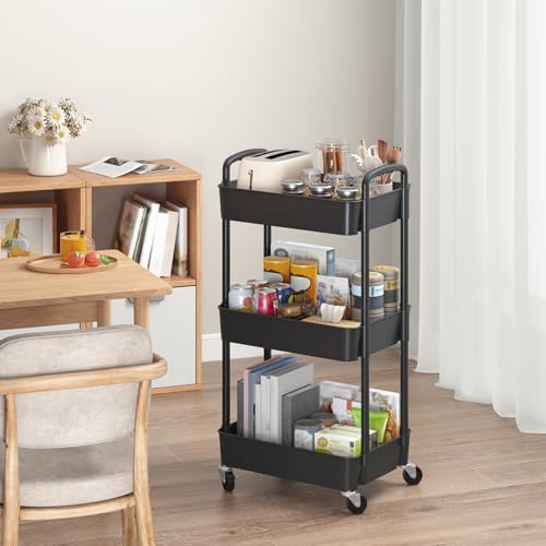 Sywhitta 3-Tier Plastic Rolling Utility Cart with Wheels for Storage,Black