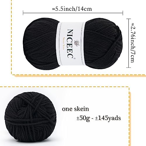 NICEEC 300g Soft Assorted Colors Yarn 100% Acrylic 870yds -Black