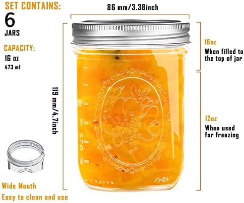 Miuyhji 16 oz Wide Mouth Glass Mason Jars with Lids, 6 Pack for Canning
