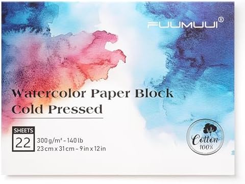 Fuumuui Watercolor Paper Block 9x12 Inch, 100% Cotton Paper Pad, 22 Sheets, Cold Pressed | 140 lb/300gsm Acid-Free for Painting, Drawing, Art Journaling, Professional Artist Quality