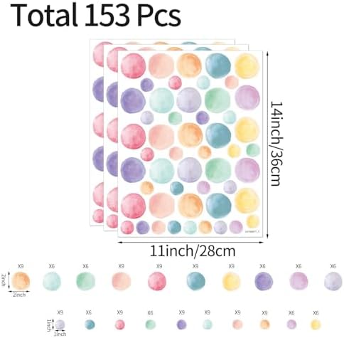AOWDIAO 153 Pcs Watercolor Polka Dot Wall Decals Peel & Stick Vinyl Dots Stickers for Bedroom, Nursery, Playroom & Classroom Decor