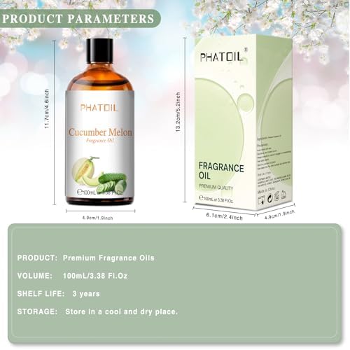 PHATOIL Cucumber Melon Fragrance Oil for Diffuser Aromatherapy 3.38FL.OZ | Long Lasting Scented Oils For Humidifier, Air Freshener, DIY Soap Candle, Scent Project Making, Aroma Oil for Home Freshening