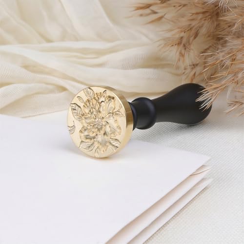 UNIQOOO 3D Embossed Relief Camellia Flowers Wax Seal Stamp with Wooden Handle, Floral Botanical Theme Vintage Brass Stamp for Wedding Invitation, DIY, Gift Wrap, Envelopes, Christmas Card