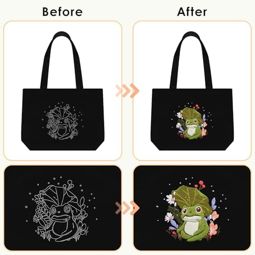 ERKOON Embroidery Canvas Tote Bag for Beginners, Floral Arts Crafts Cross Stitch Kits for Adults Including Stamped Embroidery Bag with Hoops, Needle, Instruction and Color Threads (Frog)