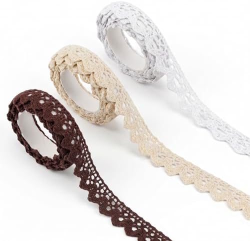 Skrfren 3 Rolls Self-Adhesive Lace Tape, Cotton Washi Trim Stickers, 1.6cm Wide 2 Yards per Roll, Decorative Lace Ribbon for DIY Crafts Scrapbooking Card Making Gift Wrapping (Beige, White, Coffee)