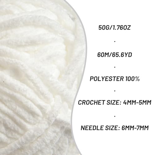Plush Chenille Chunky Crochet Yarn - Baby Yarn for Crocheting Soft - Velvet Yarns Knitting for Blankets Crafts - Fluffy Amigurumi Yarns 50g / 65.6yd (Snow White)
