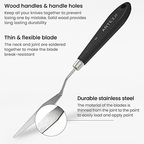 Arteza Palette Knives 8-Pack, Sizes No. 1, 25, 7, 15, 39, 23, 17, 21, Durable Stainless Steel Blade & Break-Resistant Wooden Handle, Art Supplies for Oil & Acrylic Painting