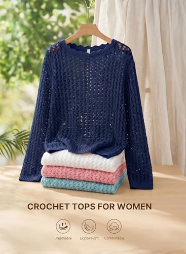 EVALESS Crochet Tops for Women Long Sleeve Hollow Out Knit Sweaters