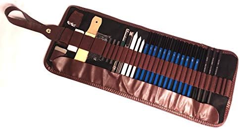 32 pc Sketching Set in Travel Roll Up Case with Charcoal, Drawing Pencils, Sharpeners, and Erasers