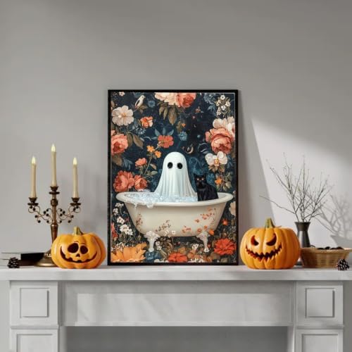 RYMILIE Halloween Diamond Art Kits for Adults Bathtub Ghost 12x16inch | 5D Flowers Diamond Painting Kit for Beginners, DIY Full Round Drill Black Cat Gem Art Crafts for Home Wall Decor Gift