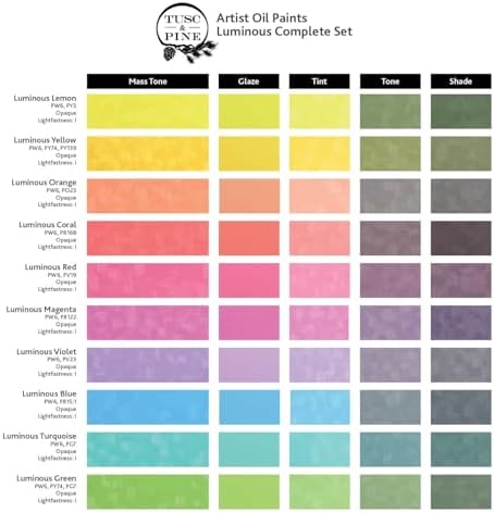 Tusc & Pine Artist Oil Paint - Warm & Cool Luminous Set of 10 Assorted Colors, 40 ml each, Non-Yellowing, Rich & Creamy Consistency, Maximum Pigment Load, Small Batch Milled Oil Paints Made in the USA