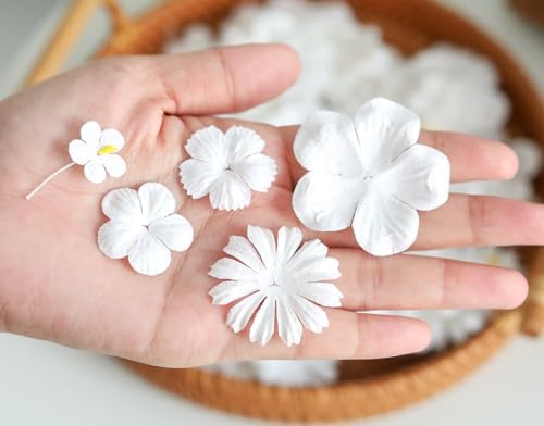 100 Pcs Handmade Mixed Flowers Mulberry Paper Flowers 18 mm - 1.5 Inch Scrapbooking Wedding DIY Craft Supplies Card. (Mixed Flowers White..)