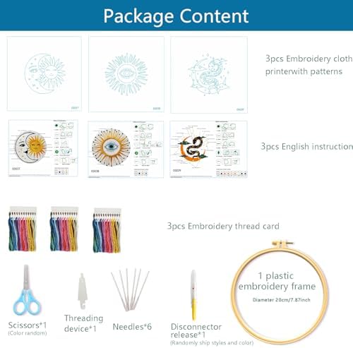 Zhenqing Celestial Embroidery Kit for Beginners, 3-Piece Moon Sun Snake Eye Needlework Set with Pre-Printed Fabric, Hoop, Threads & Tools (C0157)