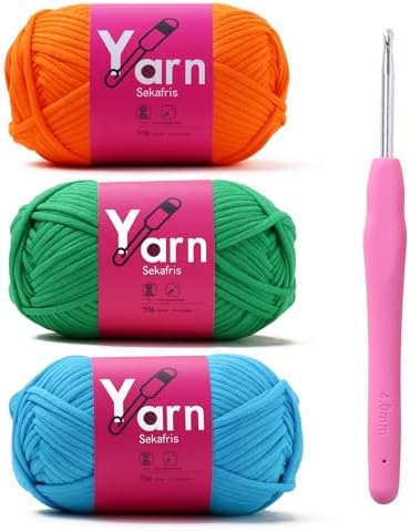 Crochet Yarn with Cotton Yarn for Crocheting - Crochet Knitting Yarn for Beginners with Easy-to-See Stitches - Yarn for Crocheting - Chunky Yarn(Orange Peel+Christmas Green+Lake Blue)