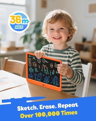 TEKFUN LCD Writing Tablet Doodle Board, 16inch Colorful Drawing Tablet Kids Travel Essentials, Kid Toys 6 7 8 Year Old Girls Boys (Orange)