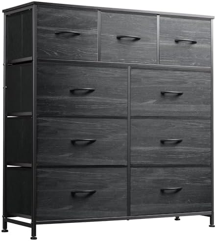 WLIVE Tall Dresser for Bedroom, 9 Drawer Chest of Drawers, Black Wood Grain | 9 roomy fabric drawers, Tall storage design, Bedroom or closet use, Sturdy steel frame, Smooth wood tabletop