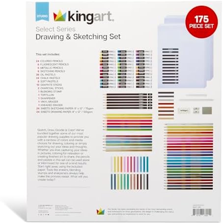 KINGART Select Series Drawing & Sketching Set, 175 pc, Complete Art Kit with Colored Pencils, Pastels, Graphite, Charcoal, Paper