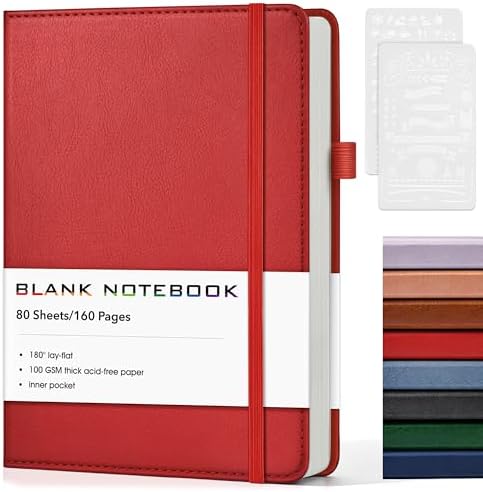 Journal Notebook, A5 Leather Hardcover Blank Sketchbook, 160 Pages, 180° Lay-Flat Binding, 100 GSM Thick Paper, for Sketching, Drawing, Art Journaling & Creative Writing, Red