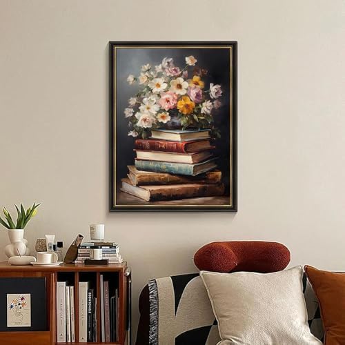 RYMILIE Diamond Art Kits for Adults Vintage Flowers and Books 12x16inch | 5D Stress Relief Diamond Painting Kit for Beginners, DIY Full Round Drill Gem Art Crafts for Home Wall Decor Gift