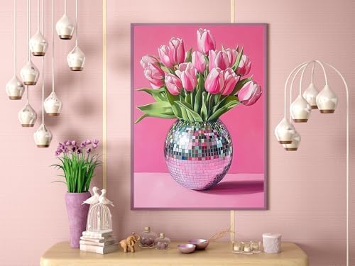Pink Tulips Diamond Art Kits for Adults, Diamond Painting Kits for Adults for Beginners, DIY Pink Flowers Diamond Dots Art Kits, 5D Full Round Drill Gem Art Painting Kits for Home Decor, 12x16 inch